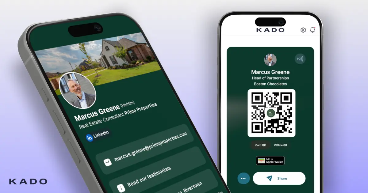 Piattaforma KADO con biglietti di team, QR e dashboard admin su mobile e desktop